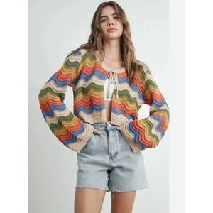 Woodstock Open Front Tie Chevron Cardigan M Open Knit Boho Retro Festival TikTok